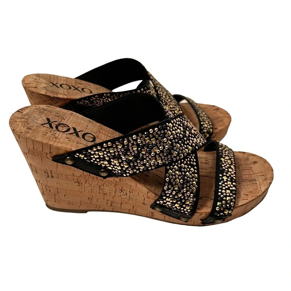 XOXO Women’s Cork Wedge Straps Black Multicolored Rhinestones size 6.5 HOST PICK